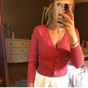♥️ AE Red Fitted Soft Button-Up Lightweight Sweater
